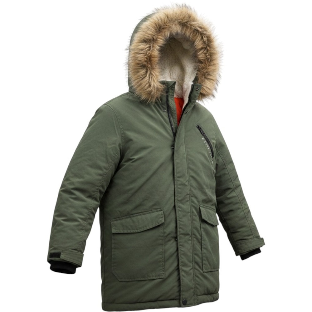 Perry Ellis Boy Olive Green Winter Parka Faux Fur Hood Jacket Size 10/12 S1